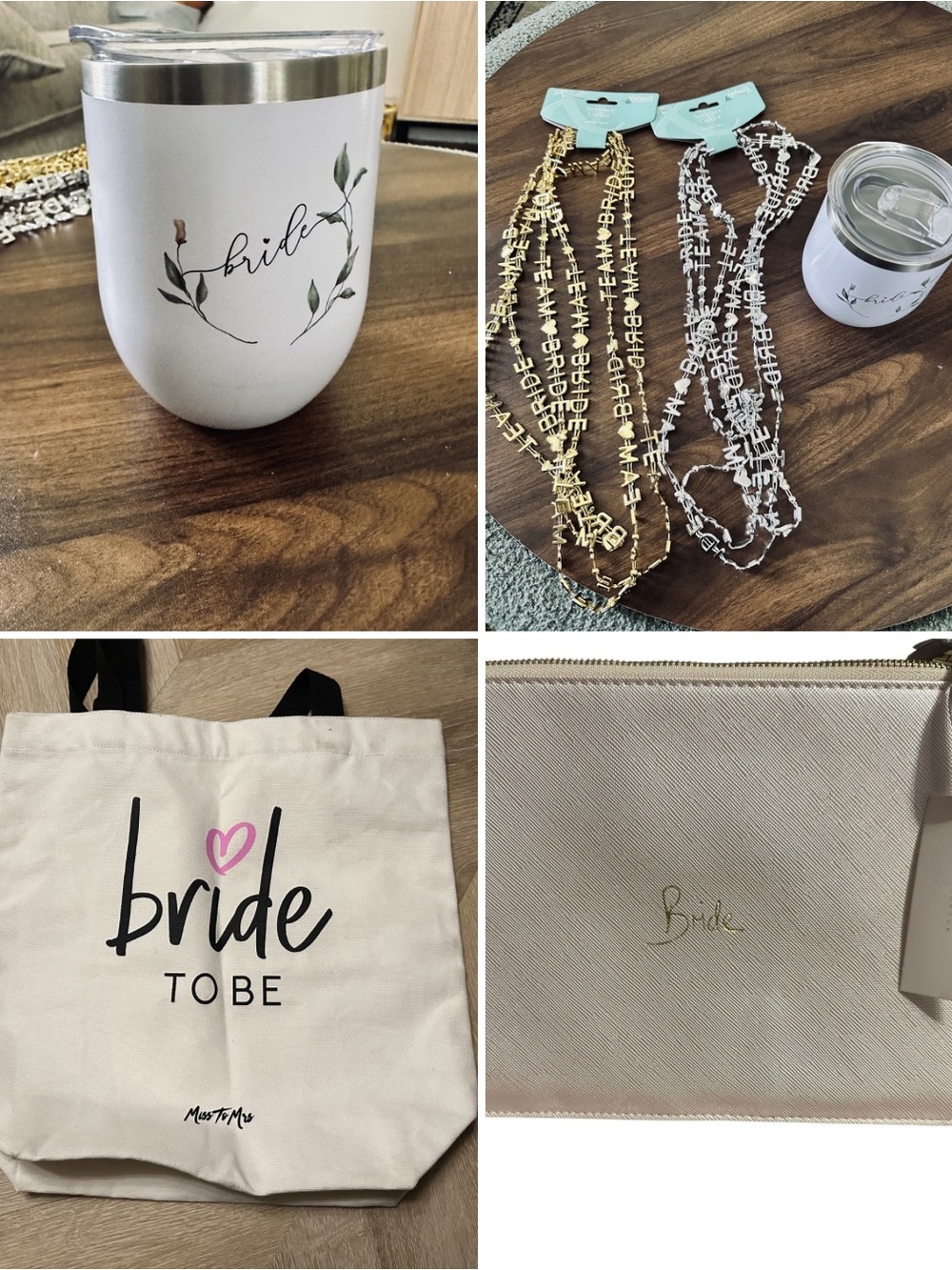 Bride Tote, Pouch & Insulated Tumbler Bridal Set - White, Pink, Gold, Silver
